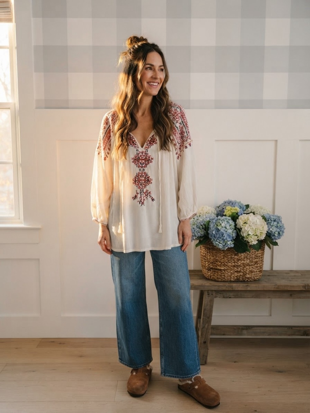 Cynthia Rowley Cream Peasant Blouse with Red Embroidery 1X